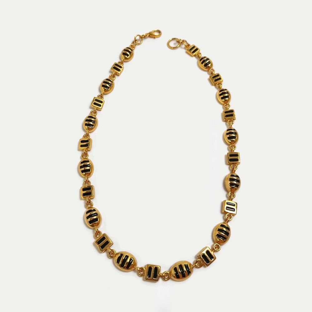 Gold Tone & Black Enamel Oval & Square Design Necklace